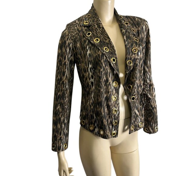 Joseph Ribkoff Leopard Jacket Sz 4 | Cropped Rivet Tie Front Blazer Punk Edgy - Picture 5 of 8